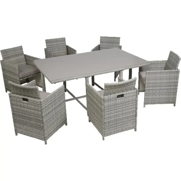 Ensemble Jardin 1 Table, 6 Fauteuils Résine tressé Taupe Plateau Verre Trempé Ouvéa HYBA