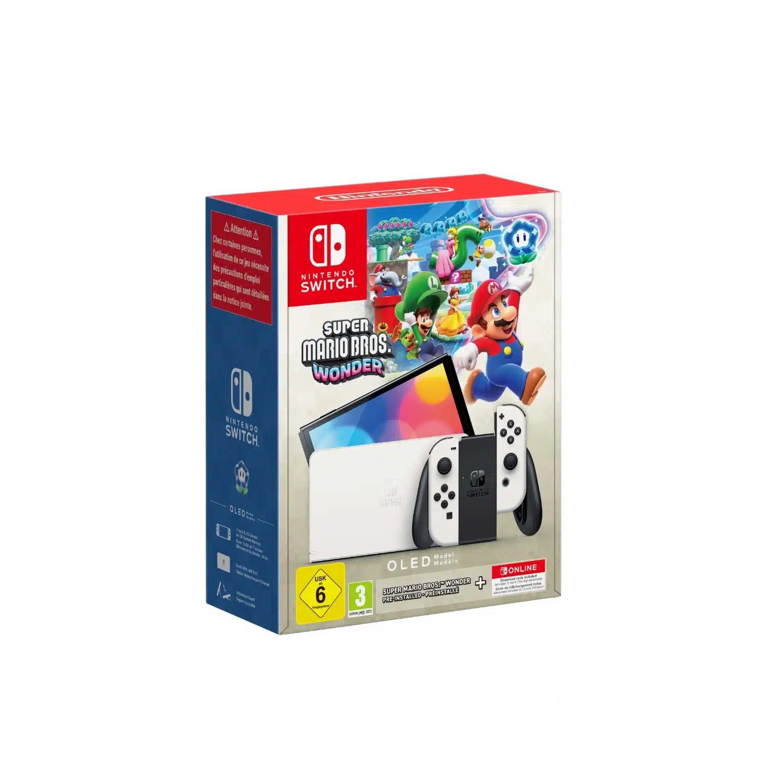 0045496454074 Console Switch OLED modèle blanche + Jeu Super Mario Bros Wonder préinstallé + 1 code de téléchargement au service Nintendo Switch Online - Abonnement individuel de 12 mois NINTENDO – Image 1