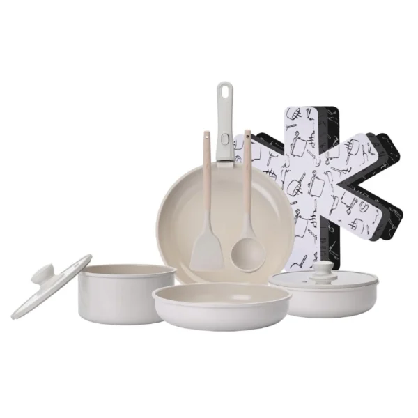 Set de cuisson 12 pièces beige Céramique Revêtement Anti-adhésif Tous Feux Dont Induction CARREFOUR HOME