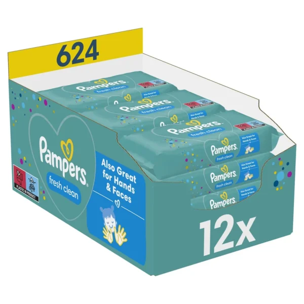 Lingettes bébé Fresh Clean lot 12 x 52 (624 pièces) fibres végétales - PAMPERS