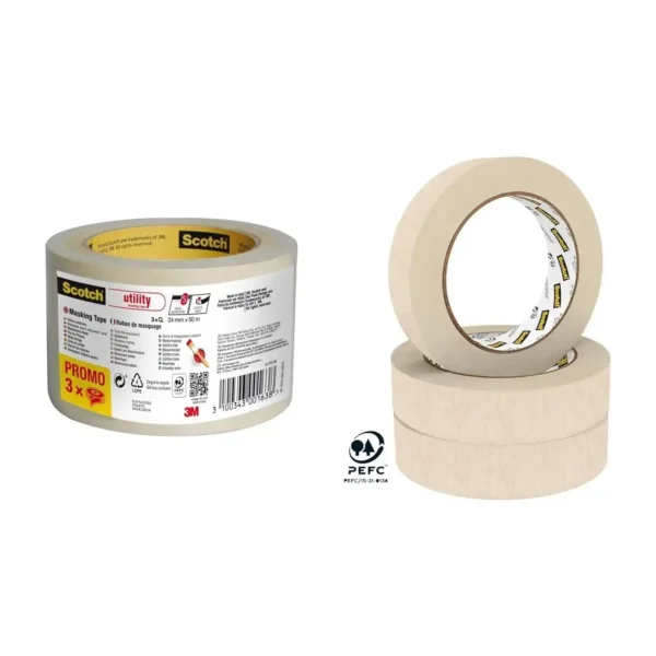 Ruban de masquage 3M lot de 3 rouleaux (50 m x 24 mm) - Scotch