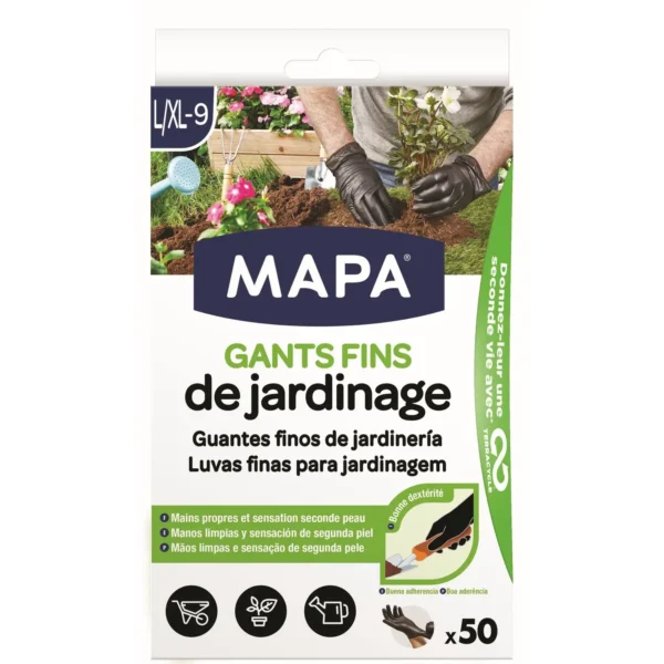 Gants de Jardinage Fins en Nitrile Noirs – Boîte de 50 – Taille L/XL – MAPA