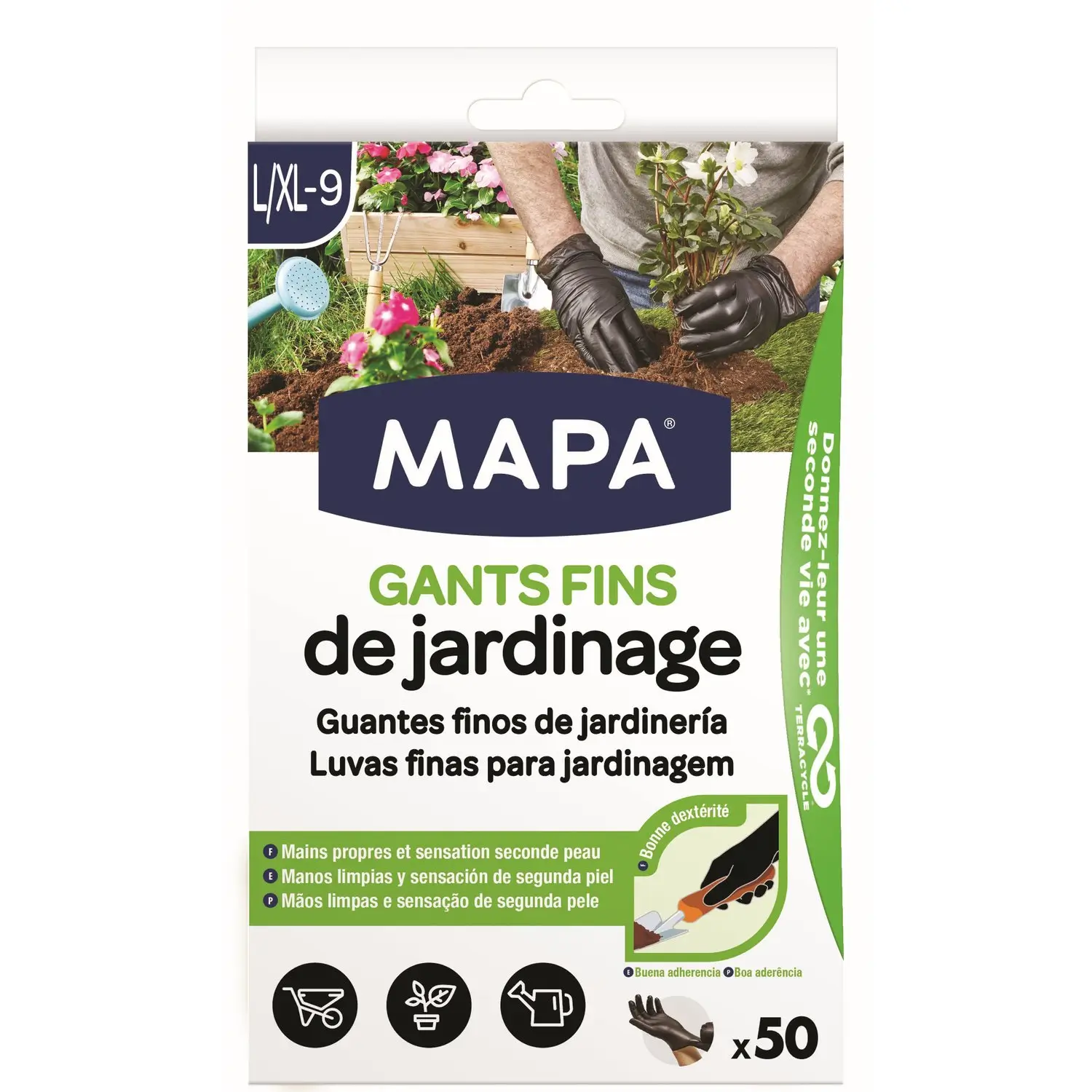 3384129350398 Gants de Jardinage Fins en Nitrile Noirs – Boîte de 50 – Taille L/XL – MAPA – Image 1
