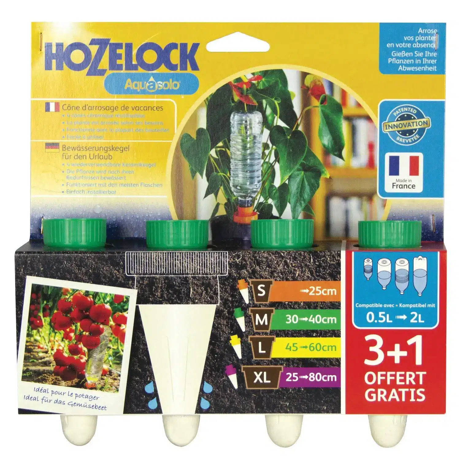 3760071019208 Cône d'arrosage Aquasolo 0,5-2L 20cl/24h Vert - Pack 3+1 – HOZELOCK – Image 1