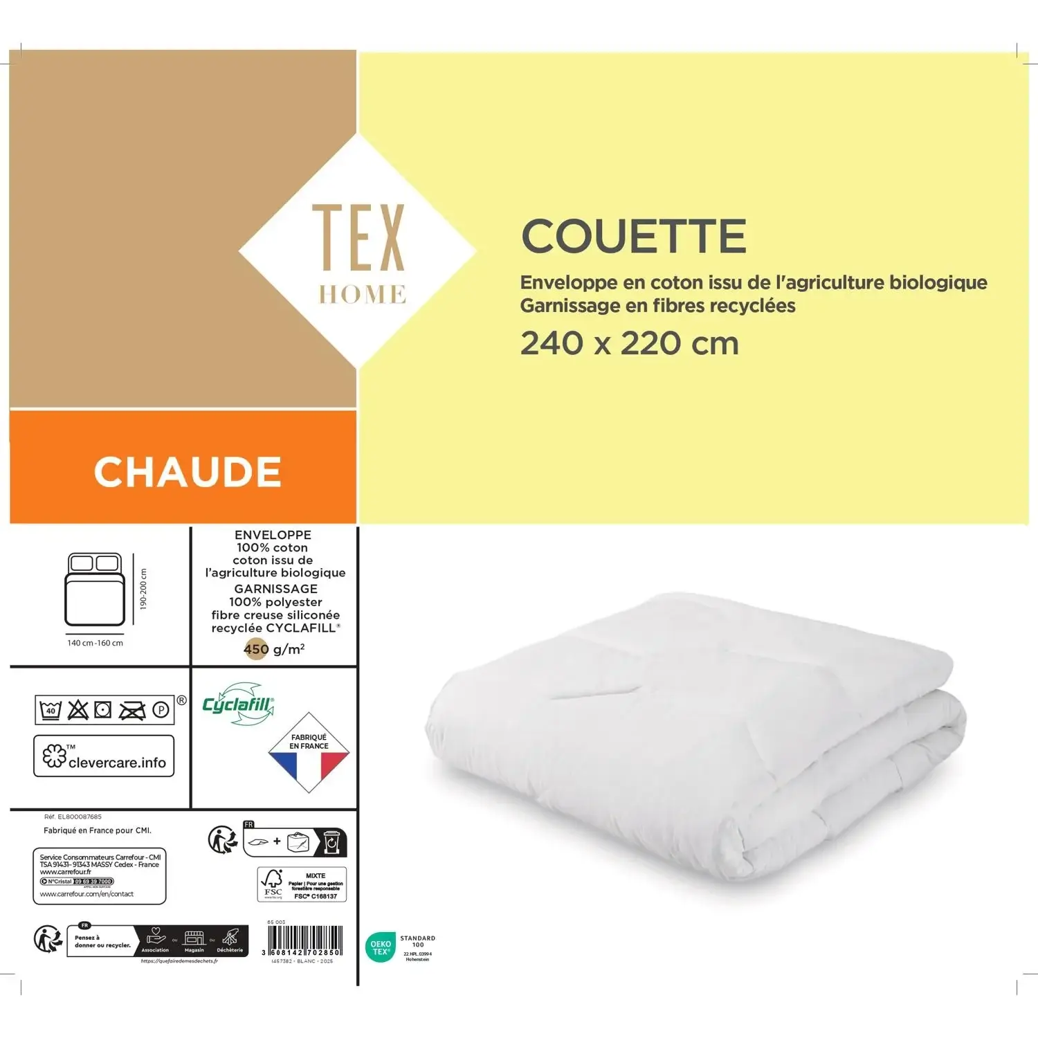 3608142702850 Couette Chaude Enveloppe Coton Bio 240x220cm – TEX HOME – Image 1