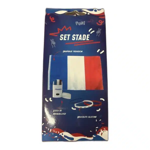 Set Stade supporter France - drapeau 90x60 cm, stick maquillage et bracelets