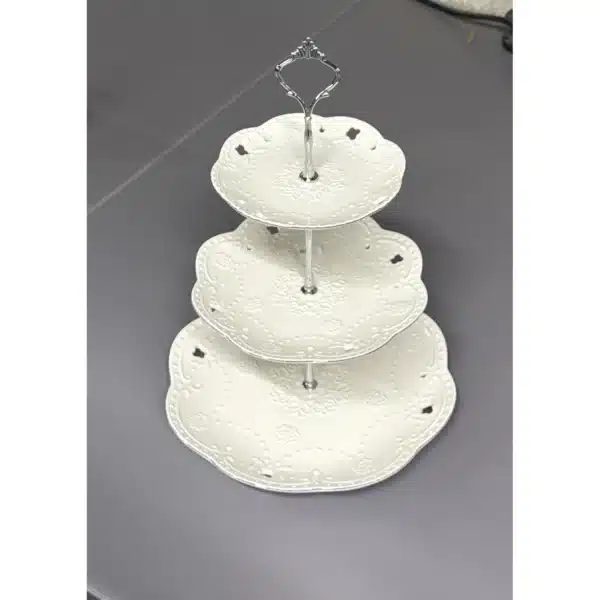 Présentoir à gâteaux 3 étages en céramique blanche festonnée Ø28 cm - Carrefour