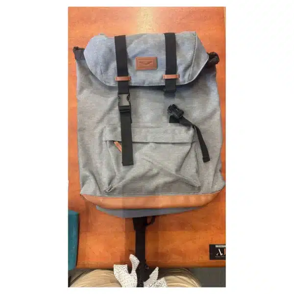 Sac à dos loisir bi-matière gris chiné et simili-cuir caramel