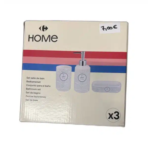 Set de salle de bain 3 pièces Carrefour Home - distributeur, gobelet et porte-savon en dolomite