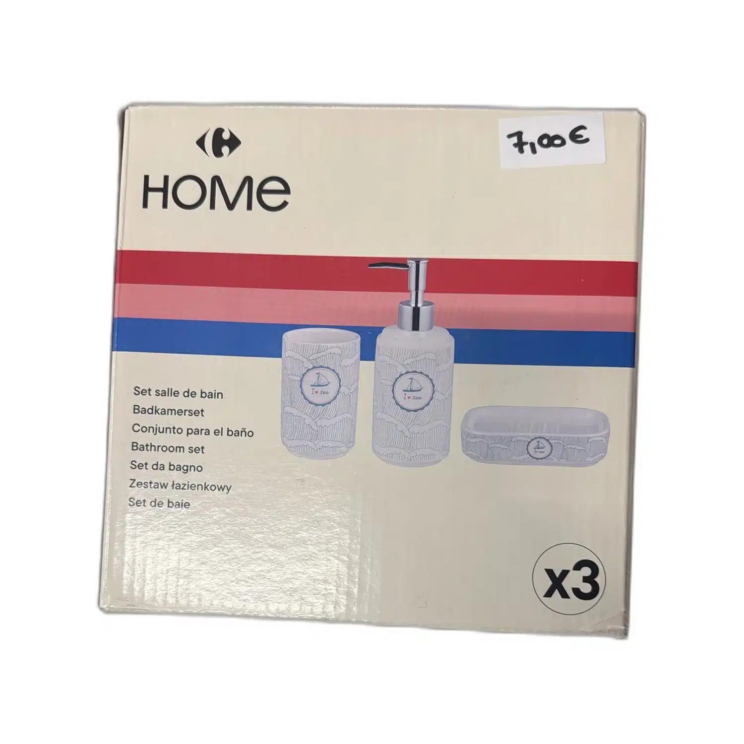3616958803500 Set de salle de bain 3 pièces Carrefour Home - distributeur, gobelet et porte-savon en dolomite – Image 1