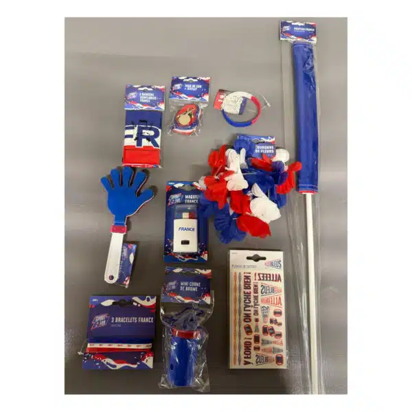 Kit supporter France 8 pièces - Drapeaux, couronne de fleurs & accessoires Coupe du Monde 2026