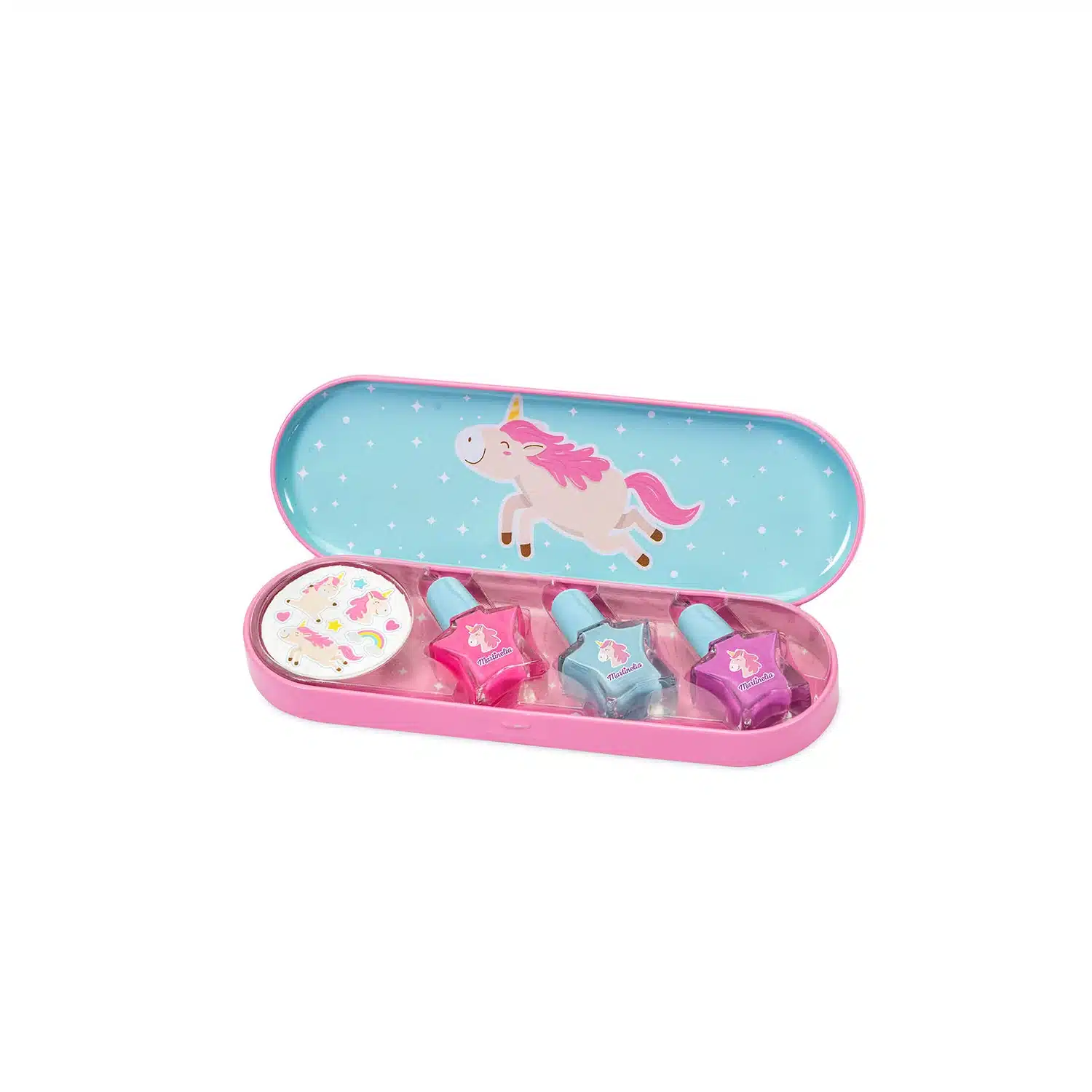 8436591923404 Coffret maquillage enfant Licorne - 3 vernis à ongles + stickers, boîte métal – Martinelia – Image 1