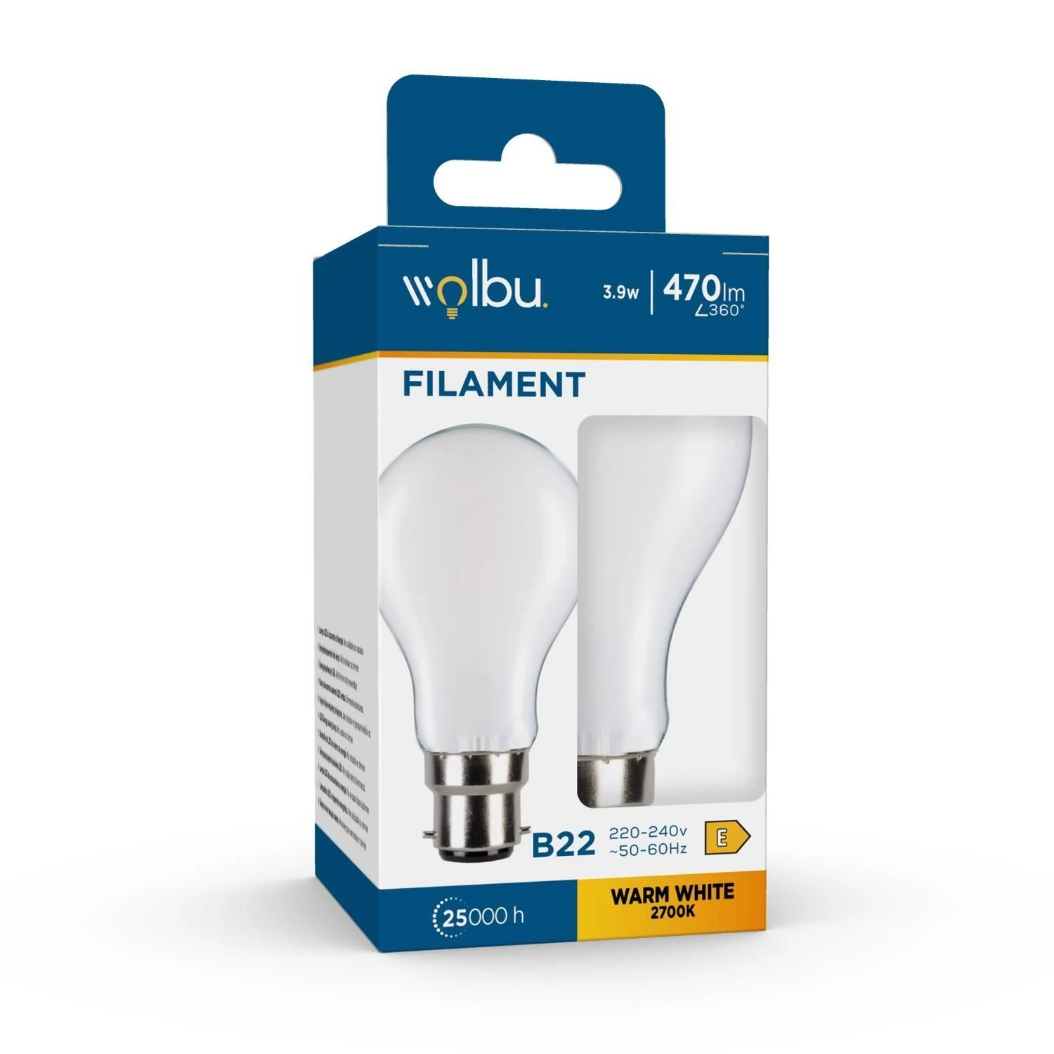 8720039606876 Ampoule LED filament standard B22 4W blanc chaud LEDFIL STD40W - WOLBULB – Image 1